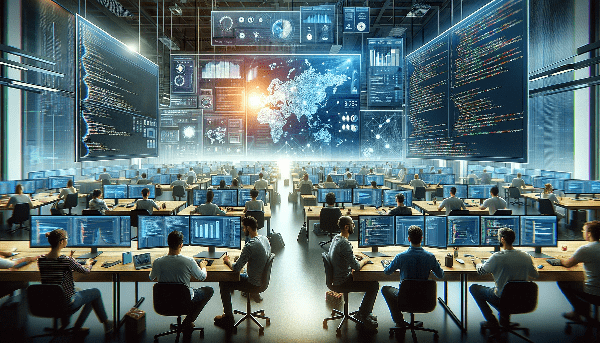 DALL·E-2024-01-18-13.47.31-Visualize-the-concept-of-scaling-data-applications.-The-image-portrays-a-cutting-edge-tech-lab-filled-with-developers-and-engineers-working-on-various