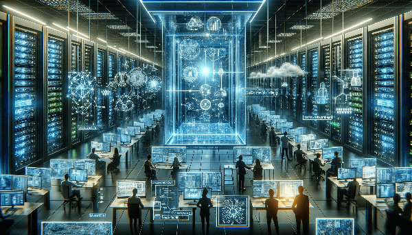 DALL·E-2024-01-18-13.49.36-Visualize-the-concept-of-scaling-machine-learning-and-data-mining.-The-scene-shows-a-large-futuristic-server-room-with-racks-of-glowing-computers-and